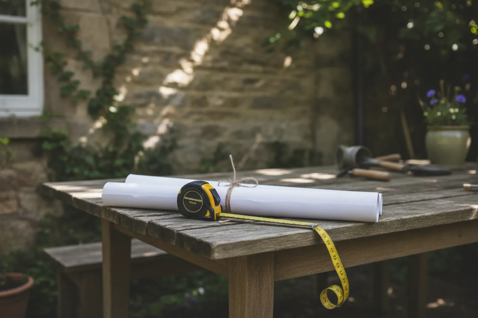 Plans et metre sur une table de jardin devant une maison