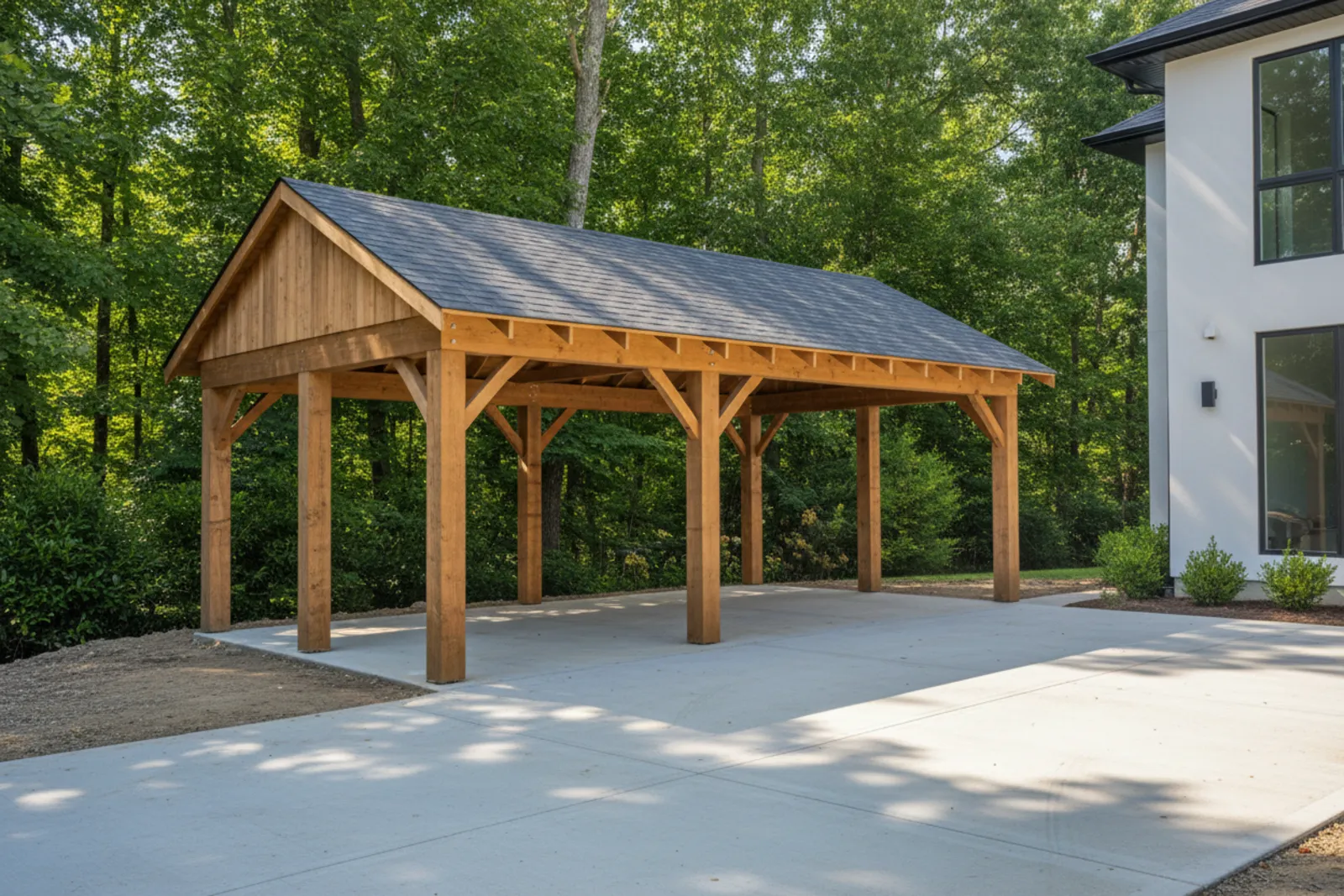 Carport en bois a cotes ouverts le long d une allee