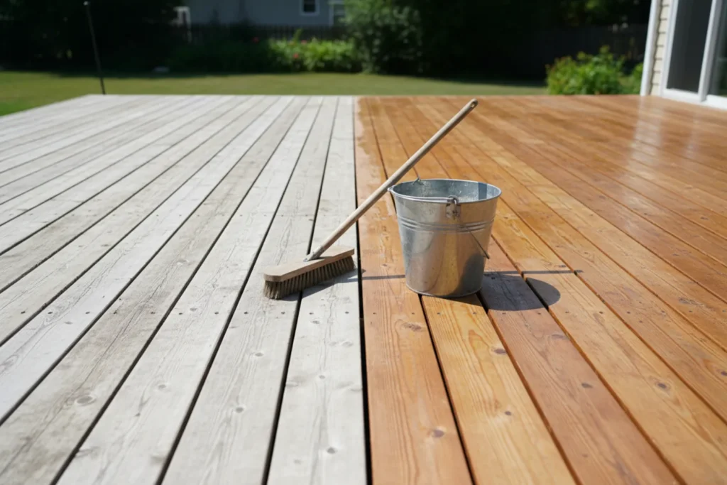Terrasse bois à moitié dégrisée, une brosse posée à la limite