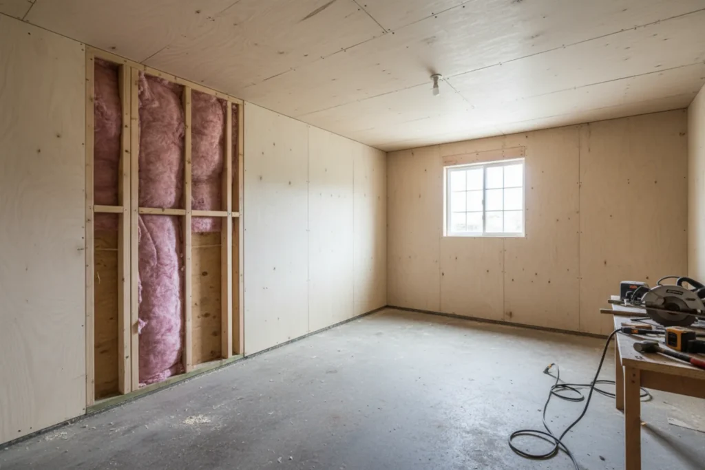 Garage en cours de transformation en pièce, murs doublés en panneaux OSB
