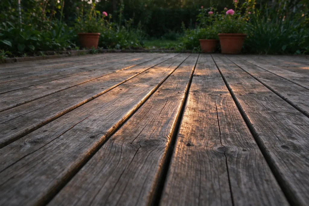Lames de terrasse bois légèrement tuilées, bords relevés dans la lumière rasante