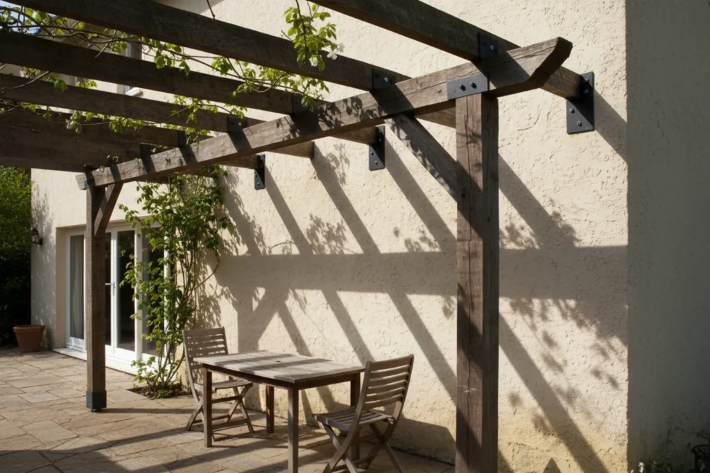 Pergola en bois fixee contre un mur de maison, equerres visibles