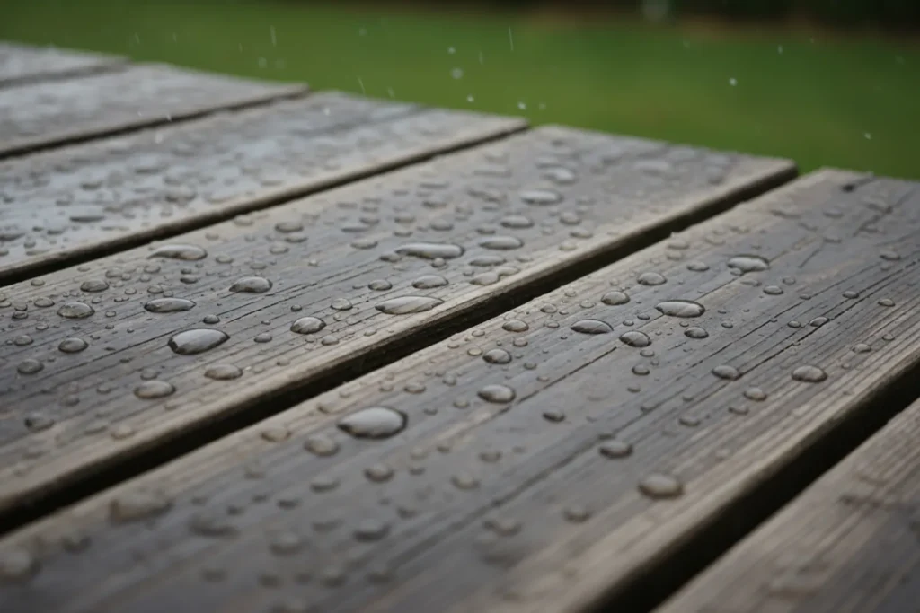 Lames de terrasse en bois avec des gouttes d eau en surface