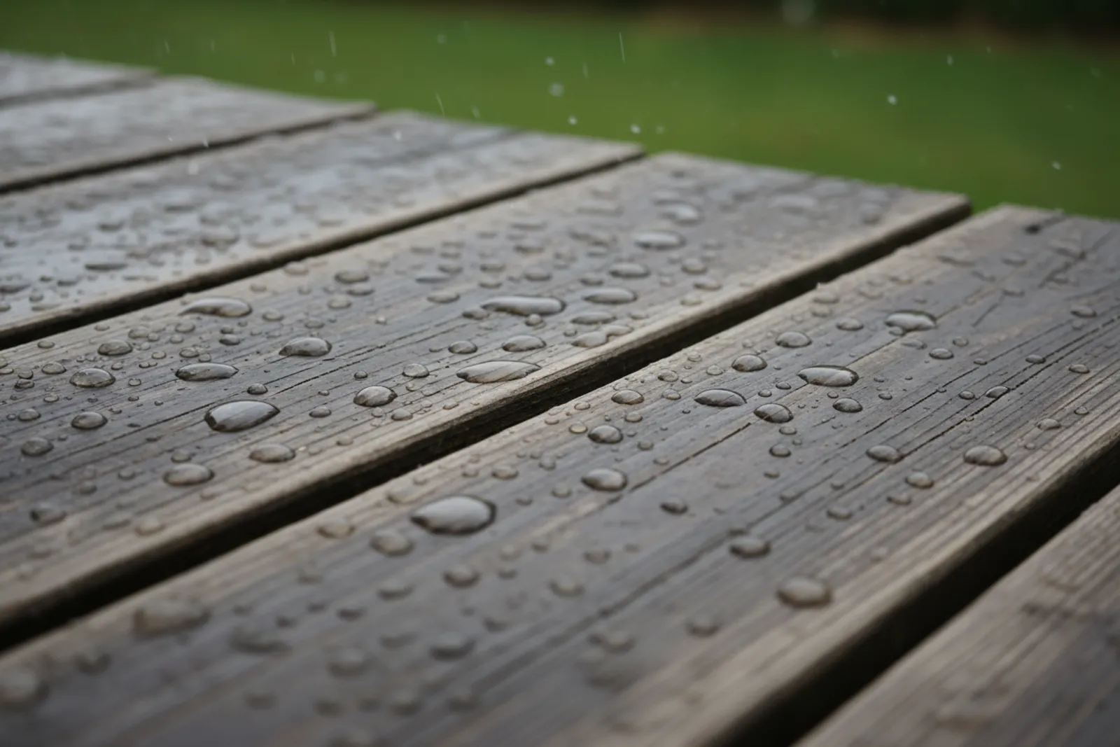 Lames de terrasse en bois avec des gouttes d eau en surface