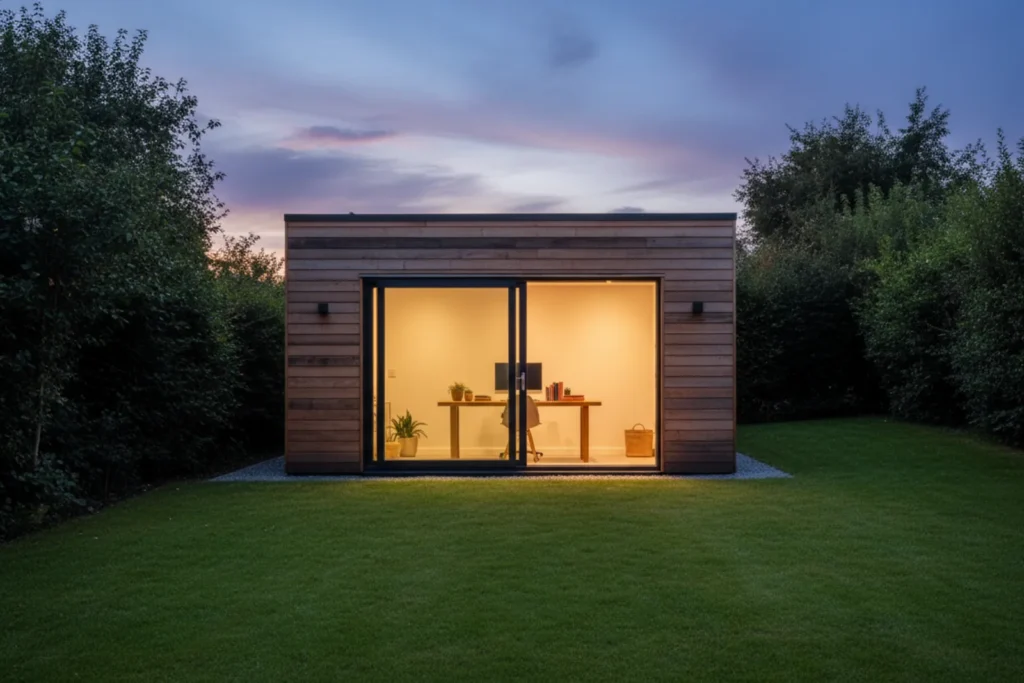 Studio de jardin en bois au fond d'une pelouse, porte vitrée éclairée