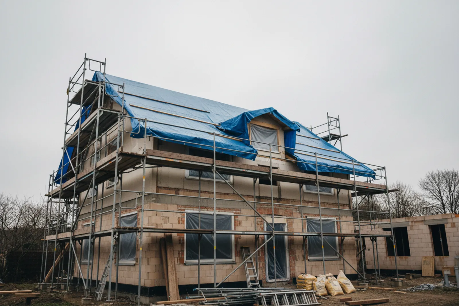 Maison en cours de surelevation sous echafaudage et bache