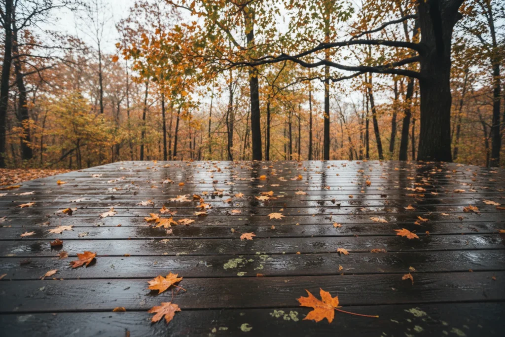 Terrasse bois mouillée avec feuilles et film vert à l'ombre d'un arbre