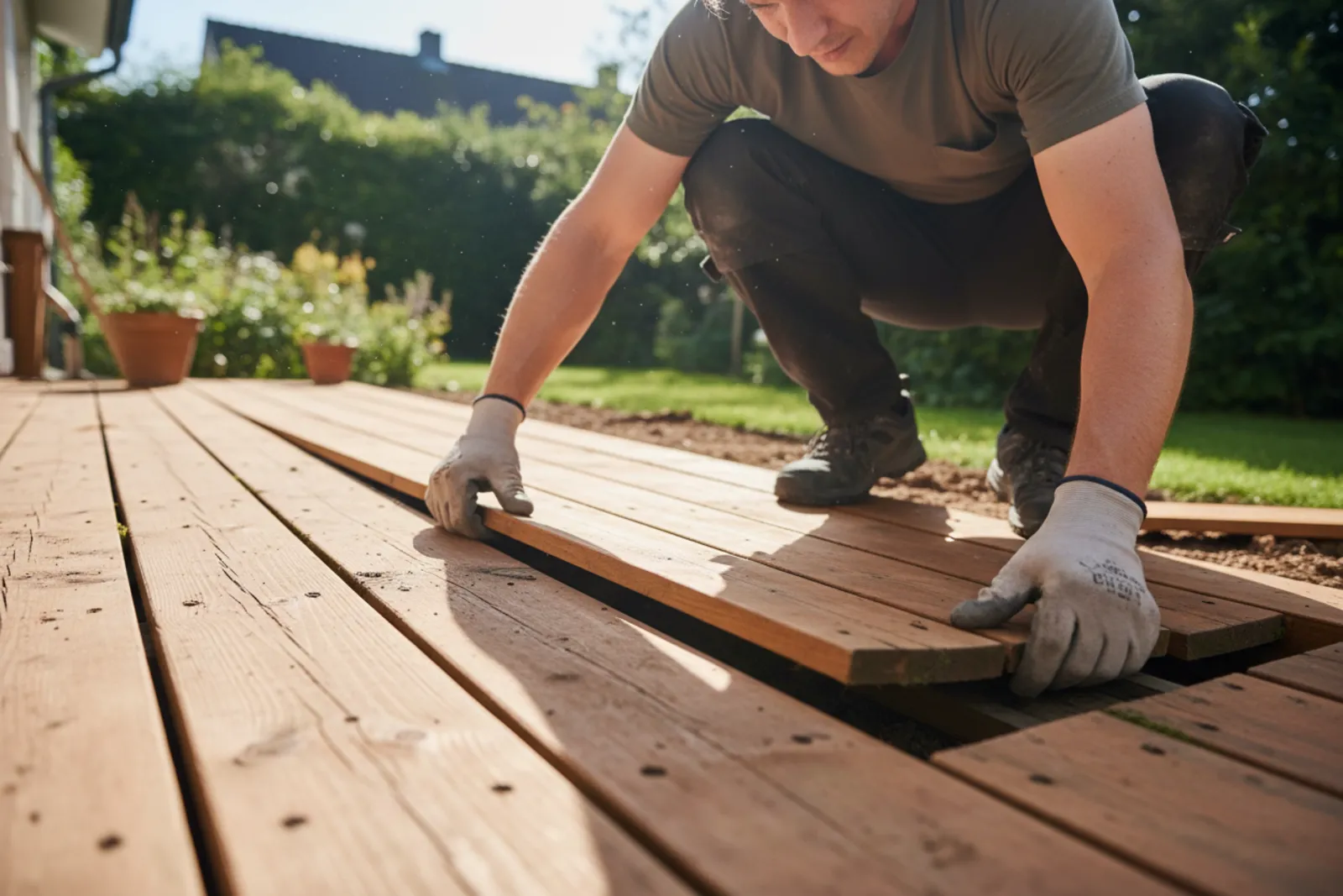 Inspection du bord d une terrasse bois, une lame soulevee
