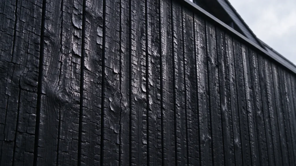 Façade en bardage de bois brûlé à la surface carbonisée