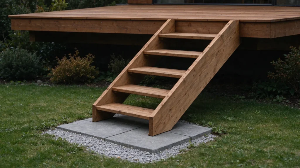 Escalier en bois descendant d'une terrasse surélevée vers le jardin
