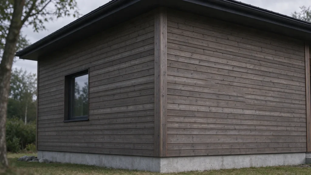 Angle sortant d'un bardage bois fini par des planches d'angle