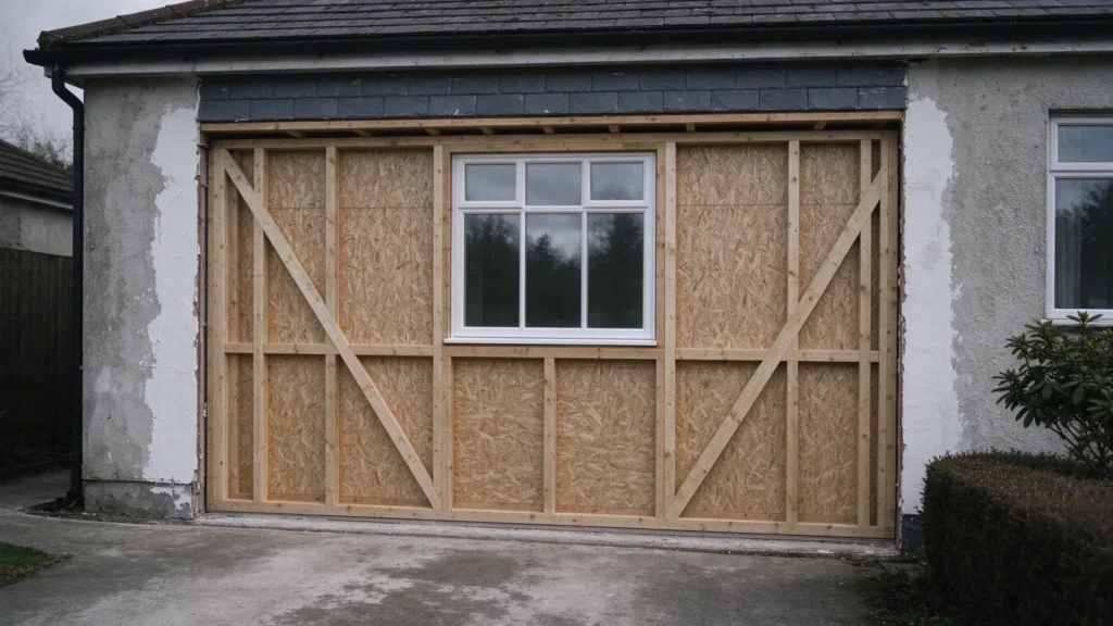 Ouverture de porte de garage refermée par un remplissage en bois