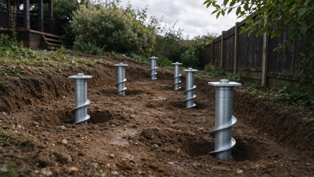 Pieux vissés en acier galvanisé avant la pose d'une extension bois